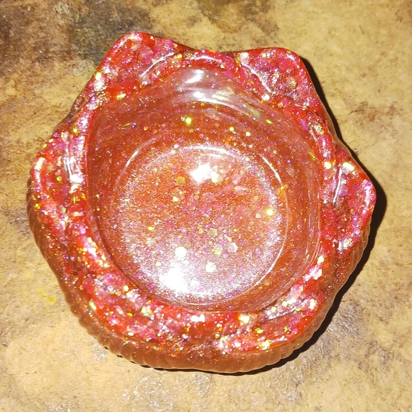 Handmade Lotus Flower Candle Holder Burnt Autumn Orange Glitter Accents - Picture 2 of 2